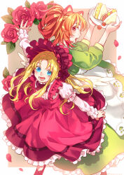 2girls :d :o alternate_costume alternate_hairstyle animal_ear_fluff animal_ears apron artist_name bad_id bad_pixiv_id blonde_hair blue_eyes border breasts brown_background cherry_tomato classic_lolita colored_tips commentary_request curtained_hair dress filo_(tate_no_yuusha_no_nariagari) flower folded_hair food frilled_dress frilled_hairband frills from_above full_body gradient_hair green_eyes hairband highres holding holding_food holding_own_dress holding_plate lolita_fashion lolita_hairband long_hair long_sidelocks long_sleeves looking_at_viewer lower_teeth_only medium_breasts medium_hair minami_seira multicolored_hair multiple_girls official_artist_extra open_mouth orange_hair outside_border pink_dress pink_flower pink_hairband pink_rose pink_shoes plate raccoon_ears raccoon_girl raphtalia red_eyes red_hair rose sandwich shoes sidelocks smile tanuki tate_no_yuusha_no_nariagari teeth three-quarter_sleeves tomato twitter_username two-tone_hair upper_teeth_only watermark white_apron white_border