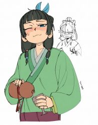  1girl 3amsoda black_hair blue_bow blue_eyes bow chinese_clothes commentary cup freckles gourd green_hanfu hair_bow hanfu highres holding holding_cup holding_gourd kusuriya_no_hitorigoto maomao_(kusuriya_no_hitorigoto) multiple_views one_eye_closed partially_colored simple_background twintails white_background 