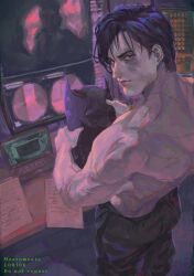  1boy artist_name bat_mask batman batman_(series) black_hair bruce_wayne dc_comics denim eyeshadow highres indoors jeans makeup male_focus meatomeato messy_hair muscular muscular_male pants signature solo the_batman_(2022) topless_male 