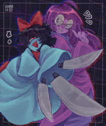  1girl 1other aqua_(deltarune) aqua_dress aqua_skin artist_name black_hair bow buck_teeth colored_skin commentary deltarune dress english_commentary grid hair_bow highres kyana313 multiple_knives necktie one-eyed purple_dress purple_hair purple_necktie purple_skin red_bow red_eyes round_eyewear seth_(deltarune) teeth utdr_(toby_fox) 