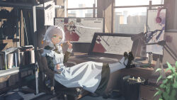  1girl absurdres ahoge apron black_bow black_bowtie black_dress black_shoes block_heels book bookshelf bow bowtie chair chinese_commentary closed_mouth collared_dress commentary computer_keyboard computer_mouse day dress from_side frown full_body green_eyes grey_hair hair_intakes hand_up high_heels highres holding holding_stylus indoors legs_up long_sleeves looking_at_viewer looking_to_the_side maid maid_apron mary_janes microphone microphone_stand monitor on_chair original pantyhose shadow shoes short_hair sitting sleeve_cuffs slice_of_life solo speaker stylus sunlight swivel_chair traditional_bowtie trash_can v-shaped_eyebrows white_apron white_pantyhose window youxing 