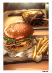  arknights arknights:_endfield blurry blurry_background burger cheese commentary_request copyright_name food french_fries highres lettuce no_humans sesame_seeds tomato tomato_slice you'a 