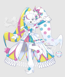  1girl absurdres artist_name blacephalon clothed_pokemon collar frilled_collar frills fusion gardevoir hair_over_one_eye hat highres jester_cap koitshidesigns multicolored_eyes open_mouth outstretched_arms pokemon pokemon_(creature) smile standing standing_on_one_leg waist_cape watermark white_hair 