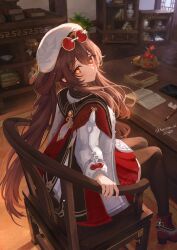  1girl absurdres armchair blush book brown_hair brown_thighhighs chair chinese_clothes commentary_request desk dragon2699 eyewear_on_head flower-shaped_pupils from_behind genshin_impact hair_between_eyes hat highres hu_tao_(cherries_snow-laden)_(genshin_impact) hu_tao_(genshin_impact) indoors long_hair long_sleeves looking_at_viewer looking_back office_chair official_alternate_costume on_chair red-tinted_eyewear red_eyes red_skirt round_eyewear shelf sitting skirt smile solo sunglasses swivel_chair symbol-shaped_pupils thigh-highs tinted_eyewear twintails white_hat wooden_floor yellow-framed_eyewear 