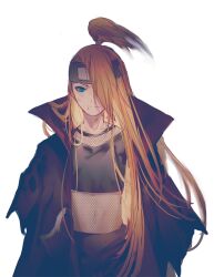  1boy amputee asymmetrical_bangs black_eyeliner black_pants blonde_hair blue_eyes commentary crop_top deidara_(naruto) eyeliner fishnet_top fishnets forehead_protector grey_shirt high_ponytail injury long_hair looking_at_viewer makeup male_focus naruto_(series) naruto_shippuuden navel open_clothes open_robe pants ponytail robe serious shirt simple_background sketch solo white_background yasato 