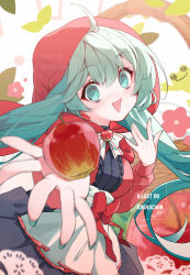  1girl absurdres anna_lee apple aqua_eyes aqua_hair blue_eyes blue_hair commentary dress english_commentary flower food frog fruit hair_between_eyes hatsune_miku highres hood incoming_gift leaf little_red_riding_hood_(fairy_tale) long_hair long_sleeves looking_at_viewer nail_polish open_mouth reaching reaching_towards_viewer red_dress red_hood sidelocks smile solo twintails very_long_hair vocaloid 