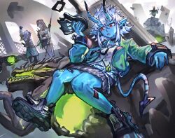  1boy absurdres animal_ears aqua_jacket asaba_harumasa black_necktie black_skirt blue_horns blue_oni blue_skin blue_tail breasts colored_skin fox_ears fox_girl glasses gloves green_jacket hair_between_horns headband highres horns hoshimi_miyabi jacket long_hair multicolored_horns multiple_girls necktie oni pink_eyes pink_hair reomenka ring_hair_ornament shirt sidelocks skirt soukaku_(zenless_zone_zero) tsukishiro_yanagi two-tone_horns two-tone_tail white_shirt yellow_headband zenless_zone_zero 