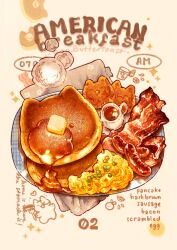  absurdres animal bacon butter cat cat-shaped_food commentary egg english_text food food_focus fork hash_browns highres holding holding_fork linked_sausages maple_syrup meat nao_(bestrollever) napkin original pancake plate sausage scrambled_egg syrup untranslatable_commentary 