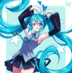  1girl absurdres aqua_eyes aqua_hair aqua_nails aqua_necktie armpits black_skirt black_sleeves commentary detached_sleeves grey_shirt hatsune_miku heart_arms highres long_hair lunibell necktie number_tattoo shirt skirt sleeveless sleeveless_shirt solo tattoo twintails untranslatable_commentary vocaloid 