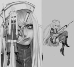  +_+ 1girl :| closed_mouth commentary_request expressionless full_body goth_fashion hat high_heels highres holding holding_syringe large_syringe long_hair looking_at_viewer makeup mascara monochrome nurse nurse_cap original oversized_object rustle simple_background solo solo_focus syringe thigh-highs thighs unfinished 
