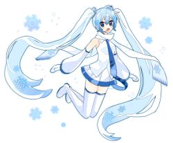  ahoge bare_shoulders blue_eyes blue_hair blue_necktie blue_trim boots commentary detached_sleeves dot_nose full_body hair_between_eyes hair_ornament hatsune_miku headset long_hair mittens necktie open_mouth scarf shirt sleeveless sleeveless_shirt snowflake_print snowflakes thigh_boots tie_clip twintails untranslatable_commentary very_long_hair vocaloid white_boots white_mittens white_scarf white_shirt white_sleeves wide_sleeves yoshiki yuki_miku zettai_ryouiki 