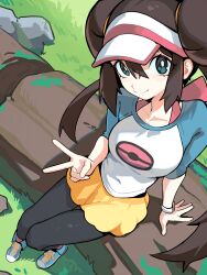  1girl absurdres black_pantyhose blue_eyes blue_shirt blue_shoes bow breasts brown_hair distr donut_hair_bun double_bun from_above grass hair_bun highres log long_hair looking_at_viewer looking_up medium_breasts outdoors pantyhose pantyhose_under_shorts pink_bow poke_ball_print pokemon raglan_sleeves rock rosa_(pokemon) shirt shoes shorts sitting smile sneakers solo twintails two-tone_shirt v visor_cap watch white_shirt yellow_shorts 