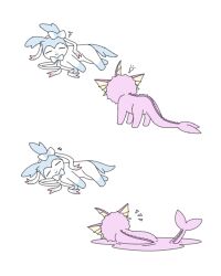  absurdres acid_armor_(pokemon) alternate_color blue_bow bow closed_eyes commentary english_commentary fins fish_tail gribberoni head_fins highres light_bulb lying melting no_humans notice_lines on_side pokemon pokemon_(creature) pokemon_focus shiny_pokemon sylveon tail vaporeon white_background 