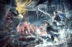  1girl 4boys aura battle beard black_eyes black_hair black_jacket black_necktie black_pants black_shoes black_suit blood blood_on_clothes blood_on_face blue_cape blue_dress blue_shoes bow_(weapon) broken_glass broken_pillar broken_window brown_eyes brown_hair building cape closed_mouth collared_shirt curtained_hair debris drawing_bow dress dual_wielding facial_hair fat fat_man from_side full_body glass glass_shards glint glowing grey_hair halter_dress halterneck hand_on_ground high_heels highres holding holding_bow_(weapon) holding_polearm holding_sword holding_weapon hole indoors jacket jewelry lapels lineup long_dress long_hair long_sleeves looking_at_another magic masked multiple_boys necktie night notched_lapels official_art on_one_knee on_pillar open_clothes open_jacket outstretched_arms pant_suit pants parted_bangs parted_lips pig_boy pointing_melee_weapon pointing_sword polearm profile ring serious shirt shirt_tucked_in shoes short_hair side_slit skyscraper sleeveless sleeveless_dress smile spear spread_arms standing suit suit_jacket suit_pants suspenders sword thumb_ring torn_cape torn_clothes untucked_shirt v-shaped_eyebrows weapon white_hair white_jacket white_shirt wo_zai_jingshenbing_yuan_xue_zhan_shen xiaobo_21 