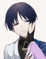  1boy 1girl bags_under_eyes bishounen black_bodysuit black_bridal_gauntlets black_hair blue_cape blue_eyes blunt_ends bodysuit bridal_gauntlets bright_pupils cape eyeliner female_pov fingernails genshin_impact gold_ring hand_on_another's_arm hand_on_another's_face highres japanese_clothes kari_flower_uma kimono looking_at_hand makeup mandarin_collar middle_ring mother_and_child mother_and_son open_mouth parent_and_child pov pov_hands purple_sleeves raiden_shogun red_eyeliner scaramouche_(genshin_impact) shoulder_peek side_cape sideways_glance wanderer_(genshin_impact) white_background white_kimono white_mouth white_pupils wispy_bangs 