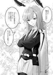  1girl absurdres blue_archive blue_rola collared_shirt commentary_request crossed_arms gloves greyscale halo highres jacket long_hair monochrome necktie pantyhose parted_lips pleated_skirt shirt skirt smile solo translation_request utaha_(blue_archive) very_long_hair 