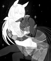  2girls ^_^ absurdres admire_vega's_twin_sister_(umamusume) admire_vega_(starry_nocturne)_(umamusume) admire_vega_(umamusume) animal_ears arms_around_another's_back black_background bow closed_eyes commentary crying crying_with_eyes_open dress ears_down fading ghost greyscale grin hair_between_eyes hand_on_another's_head hand_on_another's_shoulder head_on_chest headpat highres horse_ears horse_girl horse_tail hug invisible_chair long_hair low_ponytail miengplazabzab monochrome multiple_girls no_eyebrows no_mouth no_nose pantyhose ponytail puffy_short_sleeves puffy_sleeves school_uniform short_sleeves siblings simple_background sisters sitting sitting_on_lap sitting_on_person smile star_(symbol) tail tears tracen_school_uniform umamusume wide-eyed 