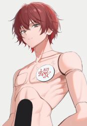  1boy brown_eyes character_doll chest_tattoo closed_mouth deidaramom doll doll_joints expressionless highres joints looking_at_viewer male_focus naruto_(series) naruto_shippuuden red_hair sasori_(naruto) short_hair simple_background solo tattoo topless_male white_background 