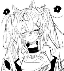  1girl angelina_(arknights) animal_ears arknights arknights:_endfield bare_shoulders breasts closed_eyes coat dot_nose double-parted_bangs dress facing_viewer fox_ears fox_girl gilberta_(arknights) greyscale hair_between_eyes high_collar highres large_breasts long_hair monochrome off_shoulder oka_(prozetxxxxx) open_clothes open_coat simple_background sleeveless sleeveless_dress smile solo twintails upper_body white_background 