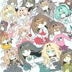  6+girls apron artist_request ascot aya_drevis bag black_coat black_dress black_hair black_serafuku black_shorts blonde_hair blue_dress bow braid brown_hair chainsaw character_request checkered_sweater chloe_ardenne chloe_no_requiem closed_eyes coat commentary_request copyright_request crossover dress eyepatch flower genre_connection hair_bow hair_ribbon highres higyaku_no_noel himeno_mikoto holding holding_chainsaw holding_flower holding_knife ib_(ib) ib_(kouri) jacket kaii_shoukougun kanzaki_shiori kirisame_ga_furu_mori kitchen_knife knife korean_commentary large_bow madotsuki medical_eyepatch multiple_crossover multiple_girls noel_cerquetti open_clothes open_jacket pink_sweater print_sweater rachel_gardner red_ascot red_eyes red_flower red_ribbon red_rose ribbon rose satsuriku_no_tenshi school_uniform serafuku shirt shorts shoulder_bag sidelocks simple_background sketch striped_clothes striped_shirt sweater twin_braids violet_eyes white_background white_jacket yellow_shirt 