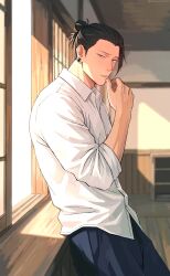  1boy black_hair black_pants buttons closed_mouth commentary_request dress_shirt fingernails geto_suguru hair_bun highres jujutsu_kaisen long_sleeves looking_at_viewer looking_to_the_side male_focus pants plug_(piercing) shirt sideburns single_hair_bun sleeves_rolled_up solo sunlight untucked_shirt wanwandeluxa white_shirt window 