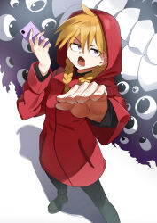  1girl absurdres blonde_hair braid cellphone coat demon extra_eyes gabriel_(yomi_no_tsugai) gabu_(yomi_no_tsugai) highres holding holding_phone hood hood_up hooded_coat hoodie low_twin_braids mong91 open_mouth phone red_coat red_hood red_hoodie smartphone twin_braids violet_eyes yomi_no_tsugai 