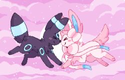  >_< alternate_color animal_couple animal_focus blush bow bowtie clouds commentary couple english_commentary from_side full_body full_moon lowres moon no_humans noses_touching panicpuppy pastel_colors pink_sky pixel_art pokemon pokemon_(creature) pokemon_focus ribbon shiny_pokemon sky solo sparkle sylveon umbreon yume_kawaii 