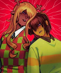  1girl 1other animal_ears antlers blonde_hair brown_hair buck_teeth checkered_clothes checkered_sweater_vest checkered_vest commentary cracked_background deer_antlers deer_ears deer_girl deltarune desperation drugsandsocks english_commentary furry furry_female green_sweater hair_over_one_eye highres horns kris_(deltarune) looking_at_another noelle_holiday parted_lips red_background red_nose single_horizontal_stripe soul_(character)_(deltarune) sweat sweater sweater_vest teeth two-tone_sweater_vest upper_teeth_only utdr_(toby_fox) vest weird_route_(deltarune) 