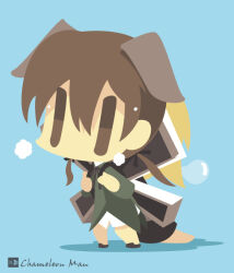 1girl animal_ears artist_name black_shoes blue_background brown_eyes brown_hair chameleon_man_(three) character_request chibi chibi_only commentary_request dog_ears dog_girl dog_tail double-parted_bangs full_body green_jacket hair_between_eyes jacket long_hair long_sleeves low_twintails no_lineart no_pants shoes simple_background solo standing strike_witches tail twintails world_witches_series 