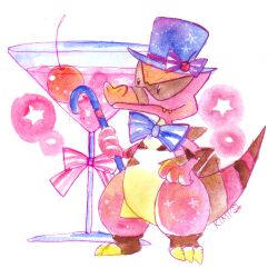  blue_bow blue_bowtie blue_hat bow bowtie cane cherry claws closed_mouth cocktail_glass commentary_request cup drinking_glass food fruit full_body greenaokimi hat highres holding holding_cane krookodile no_humans nostrils painting_(medium) pokemon pokemon_(creature) sharp_teeth signature solo teeth traditional_media watercolor_(medium) white_background 