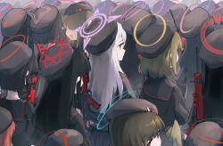  1girl absurdres alternate_costume assault_rifle beret black_hat black_sailor_collar black_serafuku black_skirt blue_archive blue_rola bullpup commentary_request crowd em-2 gun gun_on_back halo hat highres long_hair people purple_halo red_eyes rifle sailor_collar school_uniform serafuku skirt solo_focus suzumi_(blue_archive) weapon weapon_on_back white_hair 