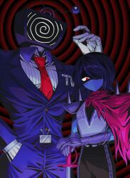  1boy 1other alternate_costume alternate_universe ant_tenna armor black_unitard blue_hair blue_jacket blue_pants blue_skin colored_skin commentary cowboy_shot crt defernull deltarune dress_shirt from_below gloves hand_up hchoco_1031 highres jacket kris_(dark_world)_(deltarune) kris_(deltarune) long_sleeves looking_at_viewer metal_gloves necktie object_head one_eye_in_shadow pants pink_scarf red_eyes red_necktie scarf shaded_face shirt short_hair shoulder_armor spiked_armor spikes staring sword torn_clothes torn_scarf utdr_(toby_fox) weapon white_gloves white_shirt 