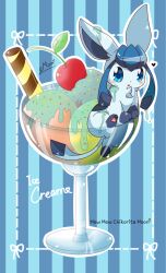  animal_focus blue_background blue_eyes blue_fur blue_hair blue_pupils blue_sclera blush cherry colored_sclera commentary_request dessert english_commentary english_text food fruit glaceon glass heart highres ice_cream looking_at_viewer mew_mew_chikorita_moon mixed-language_commentary no_humans open_mouth pawpads pokemon pokemon_(creature) sitting solo sprinkles striped_background sundae 