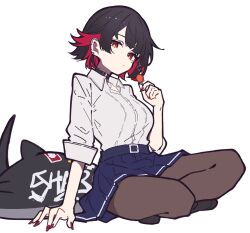  1girl aitekku belt belt_buckle black_choker black_hair black_shoes blue_belt blue_eyes brown_pantyhose buckle candy choker collared_shirt colored_inner_hair dress_shirt ear_piercing ellen_joe ellen_joe_(on_campus) fingernails fins fish_tail food full_body hair_ornament hand_on_ground hand_up highres holding holding_candy holding_food holding_lollipop invisible_floor large_tail lollipop long_fingernails looking_at_viewer miniskirt mole mole_under_eye multicolored_hair on_floor pantyhose piercing pleated_skirt red_eyes red_hair red_nails school_uniform shark_girl shark_tail shirt shoes short_hair simple_background sitting skirt sleeves_rolled_up solo tail white_background white_shirt x_hair_ornament zenless_zone_zero 