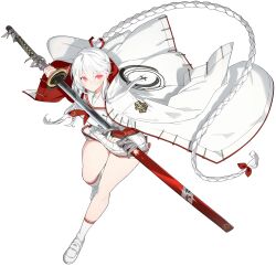  1girl absurdres ankle_socks benihime_(senran_kagura) braid braided_ponytail breasts bridal_gauntlets cape closed_mouth drawing_sword hair_between_eyes hair_tie highres holding holding_sheath holding_sword holding_weapon katana large_breasts leaning_forward long_hair looking_at_viewer neckerchief official_art ootachi pleated_skirt red_cape red_eyes red_neckerchief saya_(scabbard) school_uniform senran_kagura senran_kagura_project_n sheath shirt single_braid skirt slit_pupils socks solo_focus sword transparent_background two-tone_cape unsheathing very_long_hair weapon white_cape white_hair white_shirt white_skirt yaegashi_nan 