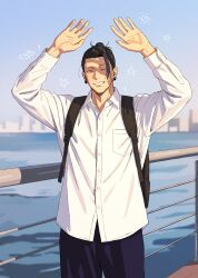  1boy arms_up backpack bag black_hair black_pants blue_sky buttons dress_shirt geto_suguru hair_bun highres jujutsu_kaisen looking_at_viewer male_focus one_eye_closed pants plug_(piercing) shading_eyes shirt single_hair_bun sky smile solo standing star_(symbol) straight-on teeth untucked_shirt wanwandeluxa white_shirt 
