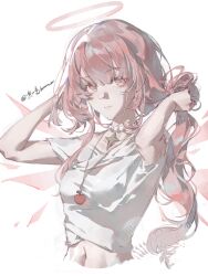  1girl absurdres adjusting_hair alternate_costume arknights artist_name breasts chinese_commentary choker closed_mouth commentary_request cropped_shirt cropped_torso detached_wings halo hands_up highres jewelry kong_ming_kmmo lemuen_(arknights) long_hair looking_at_viewer navel necklace pink_eyes pink_hair pink_halo shirt side_ponytail simple_background smile solo traditional_halo upper_body white_background white_shirt wings 