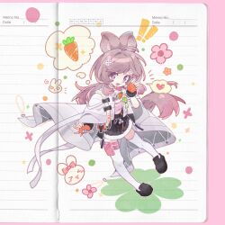  ! !! >_< 1girl :d ahoge animal_ear_fluff animal_ears arknights black_shoes black_skirt capelet carrot chinese_commentary clover commentary_request fingerless_gloves flower four-leaf_clover full_body fur-trimmed_skirt fur_trim gloves hand_up heart highres lined_paper long_hair looking_at_viewer open_mouth orange_gloves paper_background pink_eyes pink_flower pink_hair pouch rabbit rabbit_ears rabbit_girl shoes skirt smile solo sparkle spoken_food spoken_heart standing thigh-highs thigh_pouch thumpy_(arknights) white_capelet white_thighhighs yinanhuahua 