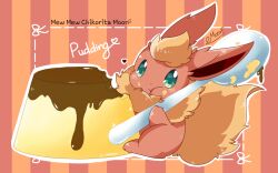  :t chewing closed_mouth commentary_request eating english_commentary flareon food food_on_face green_eyes heart holding holding_spoon looking_at_viewer mew_mew_chikorita_moon mixed-language_commentary no_humans outline oversized_object pokemon pokemon_(creature) pudding signature sitting solo spoon striped_background 