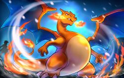  1boy bono_(bonobo0088) breath_weapon breathing_fire charizard claws commentary_request fangs fangs_out fire no_humans pokemon pokemon_(creature) pokemon_focus signature silhouette solo standing 