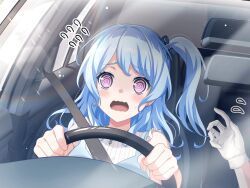  1girl 1other @_@ bang_dream! bang_dream!_girls_band_party! blue_hair blush earrings gloves jewelry light_particles long_hair matsubara_kanon official_art one_side_up open_mouth seatbelt sweatdrop third-party_source violet_eyes white_gloves 