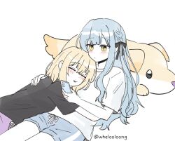  2girls bang_dream! bang_dream!_it's_mygo!!!!! black_ribbon black_shirt blonde_hair blue_hair blue_shorts blush character_pillow closed_mouth commentary dog-shaped_pillow hair_ribbon hug logo long_hair medium_hair misumi_uika multiple_girls purple_shorts ribbon shirt shorts sidelocks simple_background sleeping togawa_sakiko wheloo3rd white_background white_shirt yellow_eyes yuri 