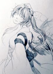  1girl bird_wings closed_eyes closed_mouth commentary_request detached_sleeves feathered_wings greyscale hat highres himekaidou_hatate japanese_clothes johnalay kimono kourindou_tengu_costume long_hair looking_at_viewer monochrome obi one-hour_drawing_challenge sash solo tokin_hat touhou traditional_media twintails wings 