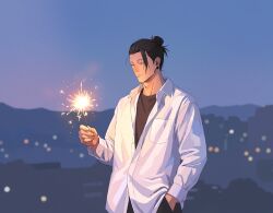  1boy absurdres black_hair black_pants buttons closed_mouth commentary_request dress_shirt fireworks geto_suguru hair_bun hand_in_pocket highres holding holding_fireworks jujutsu_kaisen male_focus night outdoors pants partially_unbuttoned plug_(piercing) shirt single_hair_bun sky solo t-shirt undershirt untucked_shirt upper_body wanwandeluxa white_shirt 