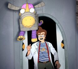  1boy aged_up brown_hair glasses goddard_(jimmy_neutron) izzy_(izbubbles) jimmy_neutron jimmy_neutron_(series) lab_coat looking_at_viewer non-humanoid_robot pants robot robot_animal robot_dog shirt short_hair 