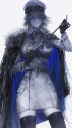  1girl absurdres alternate_costume aotsuki_eito baton_(weapon) belt black_belt black_jacket black_thighhighs blue_jacket breasts coat commentary english_commentary epaulettes eyelashes genderswap genderswap_(mtf) gloves grey_hair hat highres holding holding_baton_(weapon) holding_weapon jacket jacket_on_shoulders large_breasts long_hair looking_at_viewer medal military_hat military_uniform momokurihara parted_lips pocket sash solo the_hundred_line_-last_defense_academy- thigh-highs two-sided_fabric two-sided_jacket violet_eyes weapon white_background white_coat 