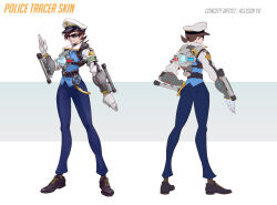  1girl adapted_costume allison_yu alternate_costume alternate_hairstyle ass bracelet brown_hair buckle concept_art cuffs full_body gloves handcuffs hat highres jewelry model_ship overwatch police police_hat police_uniform policewoman ponytail shoes smile sunglasses tonfa tracer_(overwatch) vest weapon 
