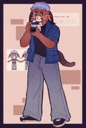  1girl absurdres animal_hospital_(roblox) animal_nose baggy_pants blue_shirt brown_fur camera caracal cat_girl cat_tail commentary english_commentary english_text fan_request full_body furry furry_female hands_up hat highres holding holding_camera liz_(animal_hospital) looking_at_viewer pants reference_inset request_inset roblox shirt smile solo strawpage tail w1t_ch0 whiskers white_hat 