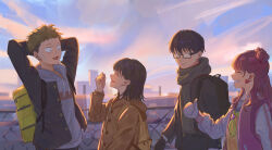  2boys 2girls :d ^_^ arms_behind_head backpack bag black-framed_eyewear black_bag black_hair black_scarf brown_hair building chain-link_fence city clenched_hand closed_eyes clouds coat commentary_request drawstring duffel_coat es_limi facing_another fence from_side green_neckerchief grin hair_bun highres hood hooded_coat hoodie jacket light_smile long_hair looking_at_another looking_to_the_side medium_hair mittens multiple_boys multiple_girls neckerchief nishi_natsumi open_clothes open_jacket open_mouth outdoors pink_hair profile rectangular_eyewear scarf school_uniform seihantai_na_kimi_to_boku serafuku sky smile suzuki_miyu sweater tani_yuusuke thumbs_up track_jacket undercut upper_body walking walking_backwards white_mittens yamada_kentarou yellow_bag yellow_coat yellow_sweater 