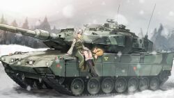  1girl alfhilde_odinsdottir astraline black_boots body_freckles boots braid caterpillar_tracks clouds cloudy_sky colored_inner_hair detached_sleeves dress fox freckles green_dress green_eyes green_hair grey_hair hair_between_eyes head_wings high_heel_boots high_heels highres military_vehicle motor_vehicle multicolored_hair outdoors pointy_ears short_hair sitting sky snow snowing solo sueimo tank thigh_freckles tree valkyrie virtual_youtuber white_sleeves wings 